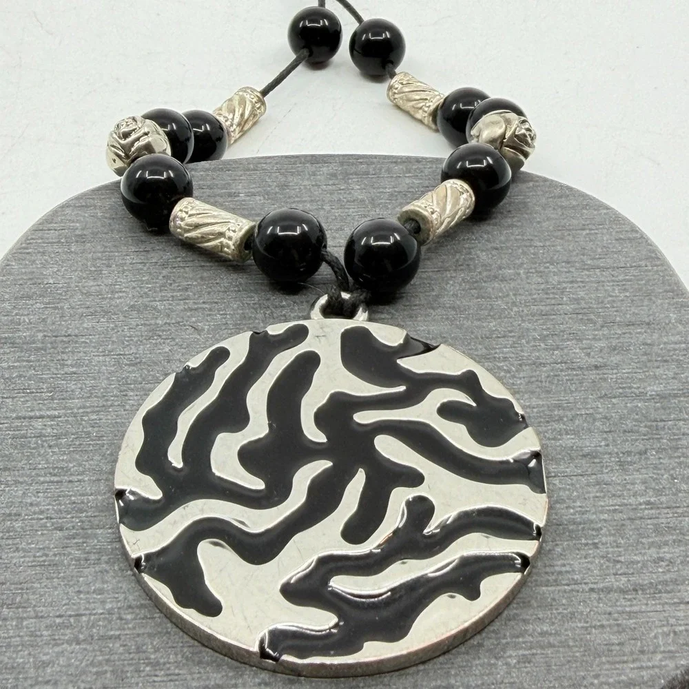 Black Silver Tone Abstract Swirl Disc Pendant Beaded Necklace Boho Statement